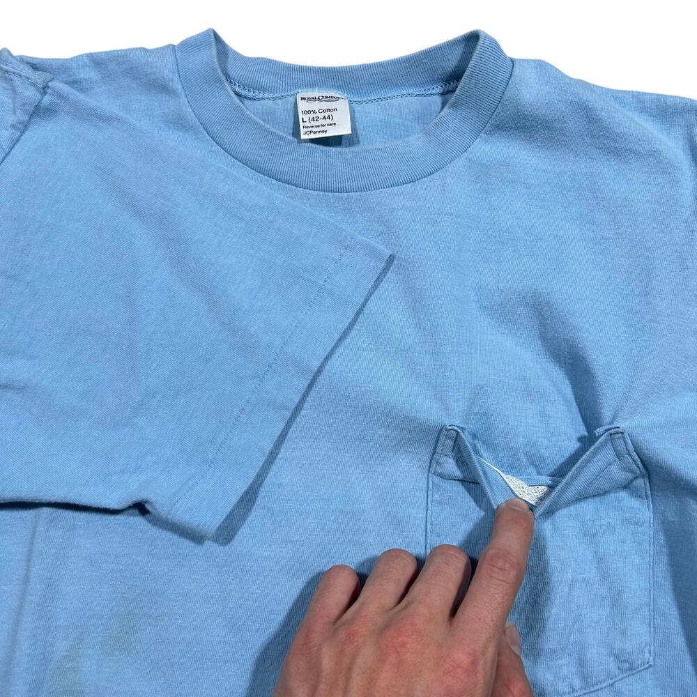 Vintage 80s JC Penney Blank Selvedge Pocket Tee Men’s Large Blue T-Shirt USA